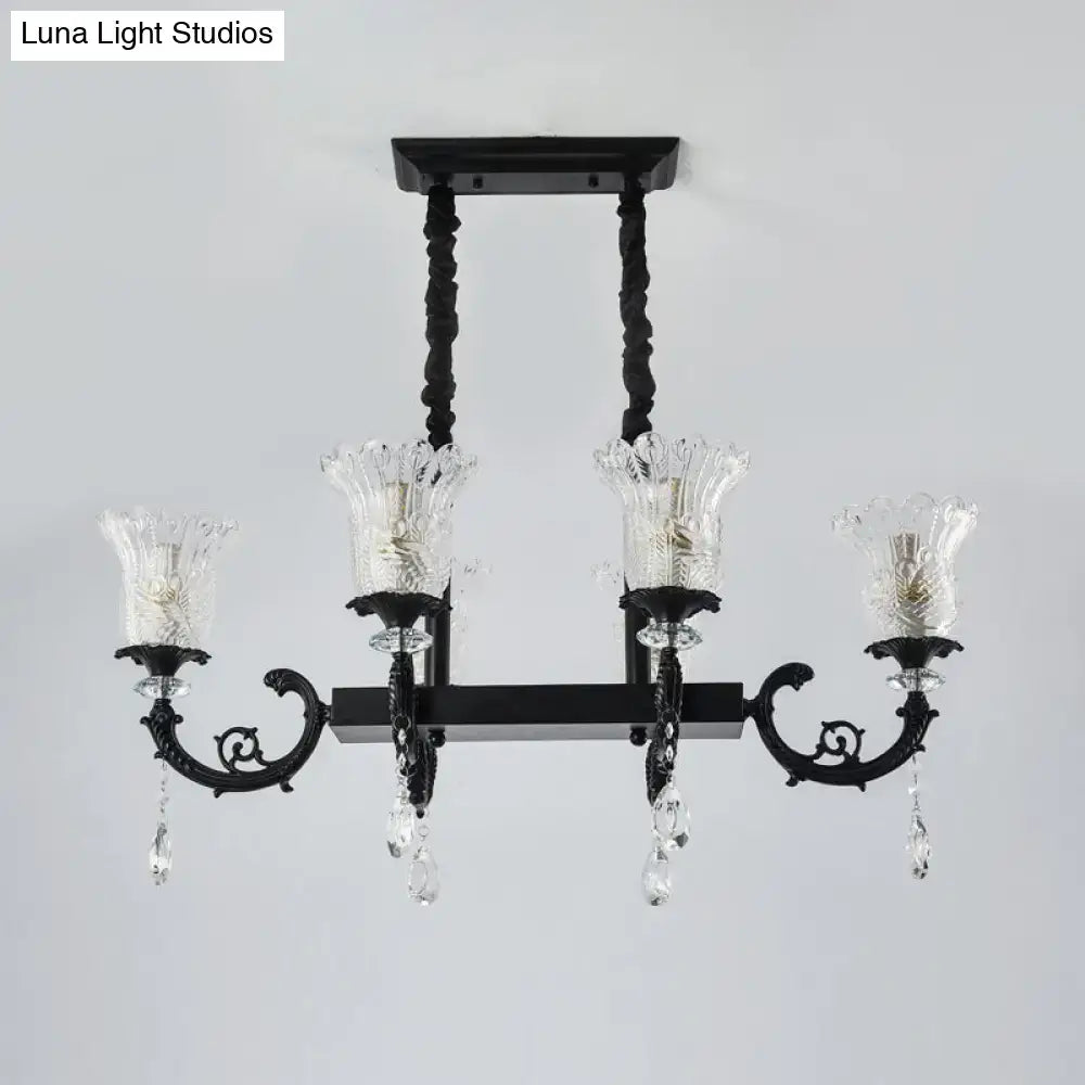 Modern black island pendant lamp with black finish clear crystal droplets and glass candle-style shades for dining room