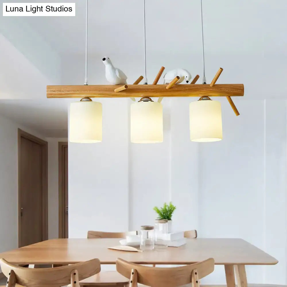 Decorbites modern island pendant light with wooden frame frosted glass shades and white bird accents for dining room