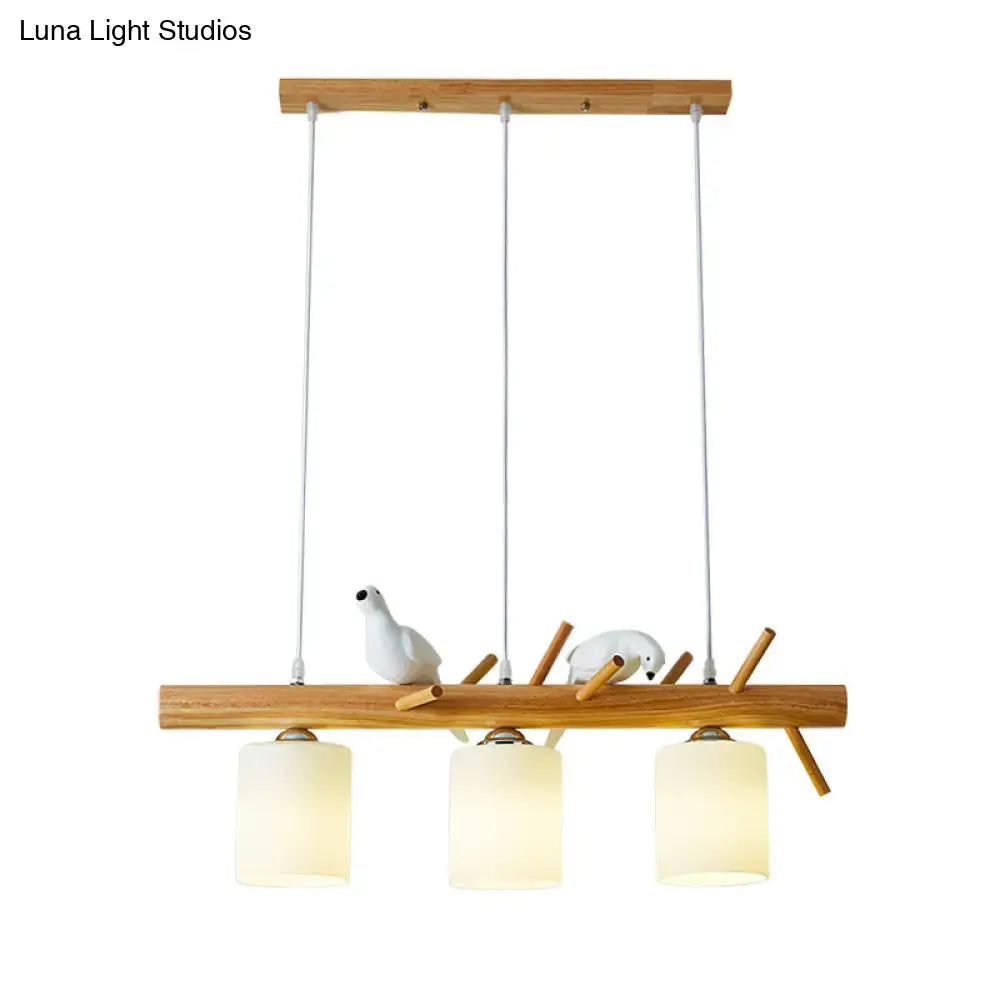 Decorbites™ modern island pendant light with wooden frame, frosted glass shades, and white ceramic birds for dining room