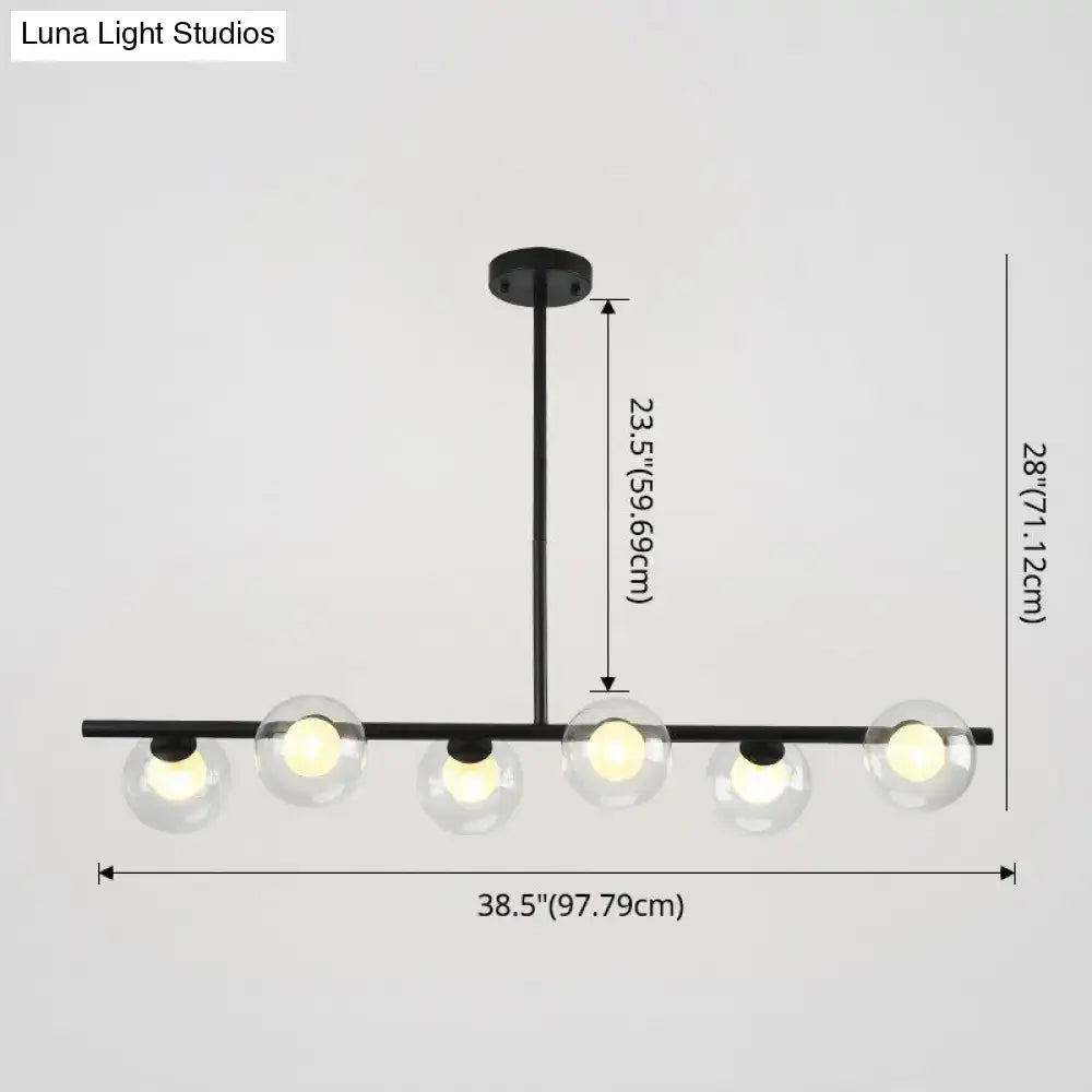 Modern black island pendant chandelier with five clear glass globe bulbs for dining room lighting
