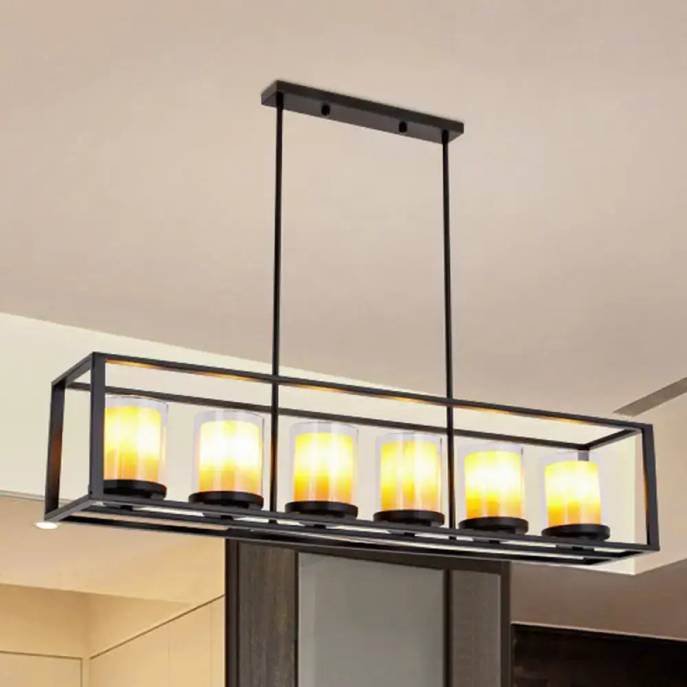 Black metal rectangular island pendant chandelier with five warm yellow glass candle bulbs and white glass accents