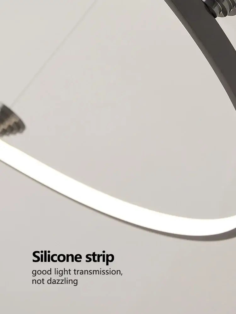 A sleek curved silicone strip with white surface and black hardware of a modern black italian style annular pendant lamp