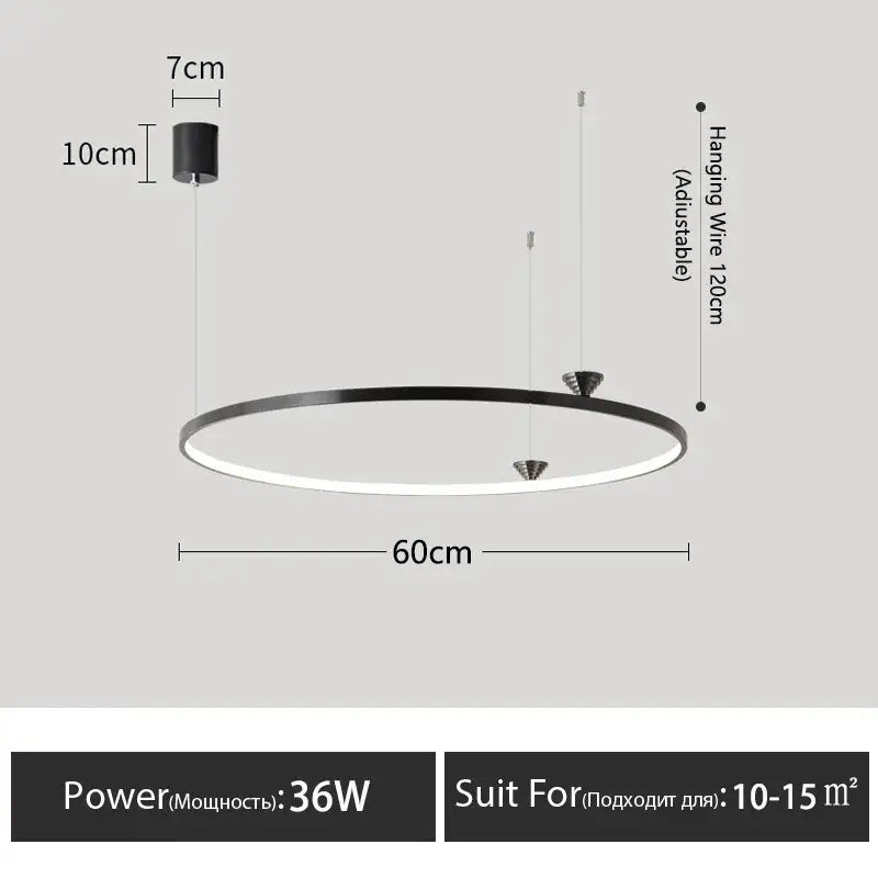 Modern black italian style led pendant light with sleek circular design and adjustable hanging wire for living room