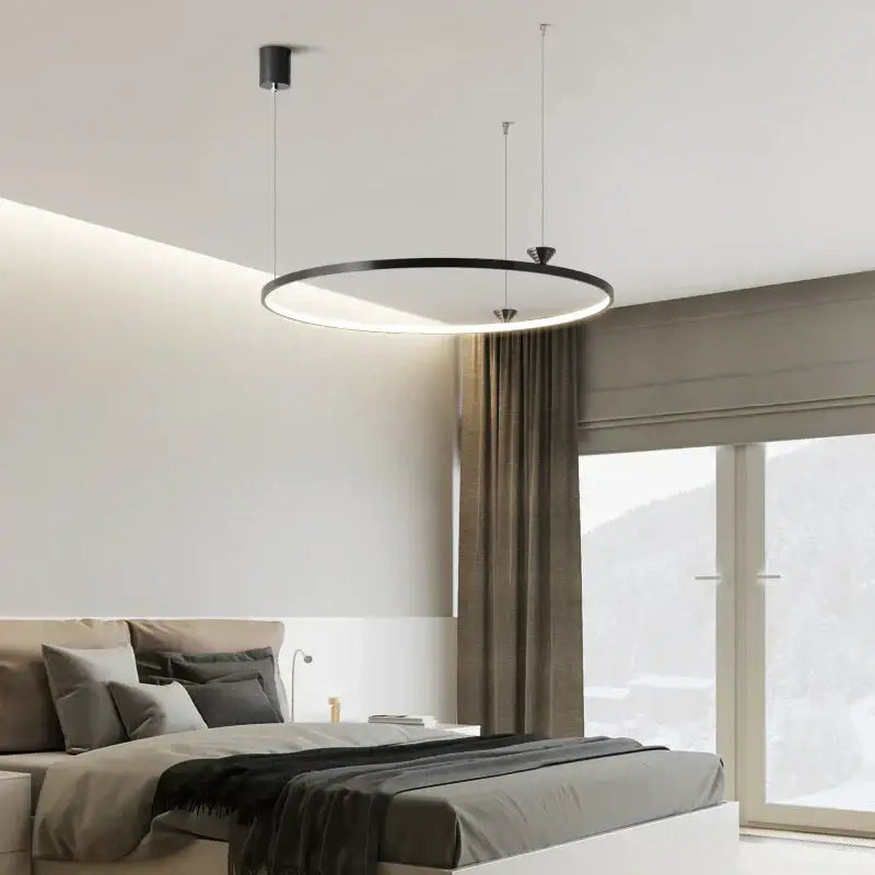 Modern black italian style led pendant light with sleek circular design and integrated led for living room use