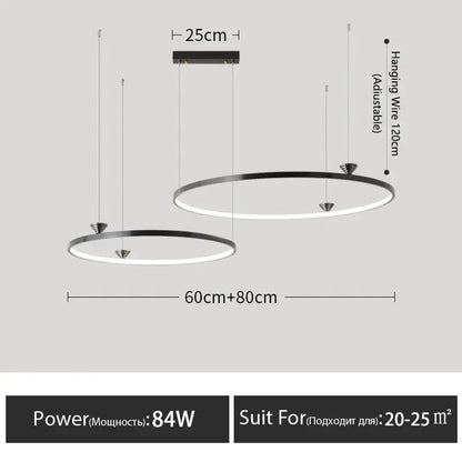 Modern black italian style led pendant light with circular shape and adjustable hanging wires for living room use