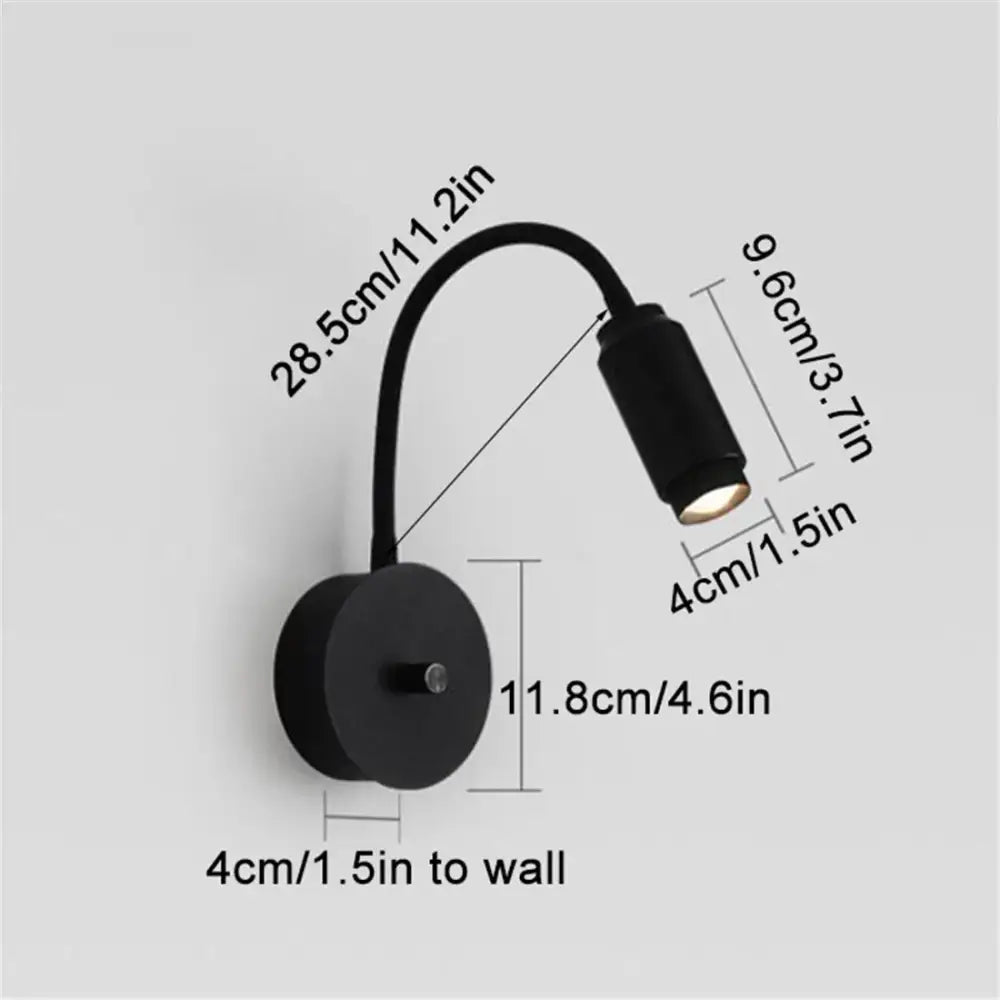 Modern black knob switch led gooseneck reading lamp with flexible arm and adjustable head for bedroom wall light