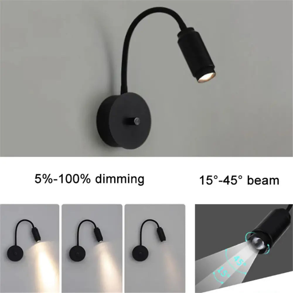 Modern black knob switch led gooseneck reading lamp with adjustable dimmable light for bedroom wall mounting