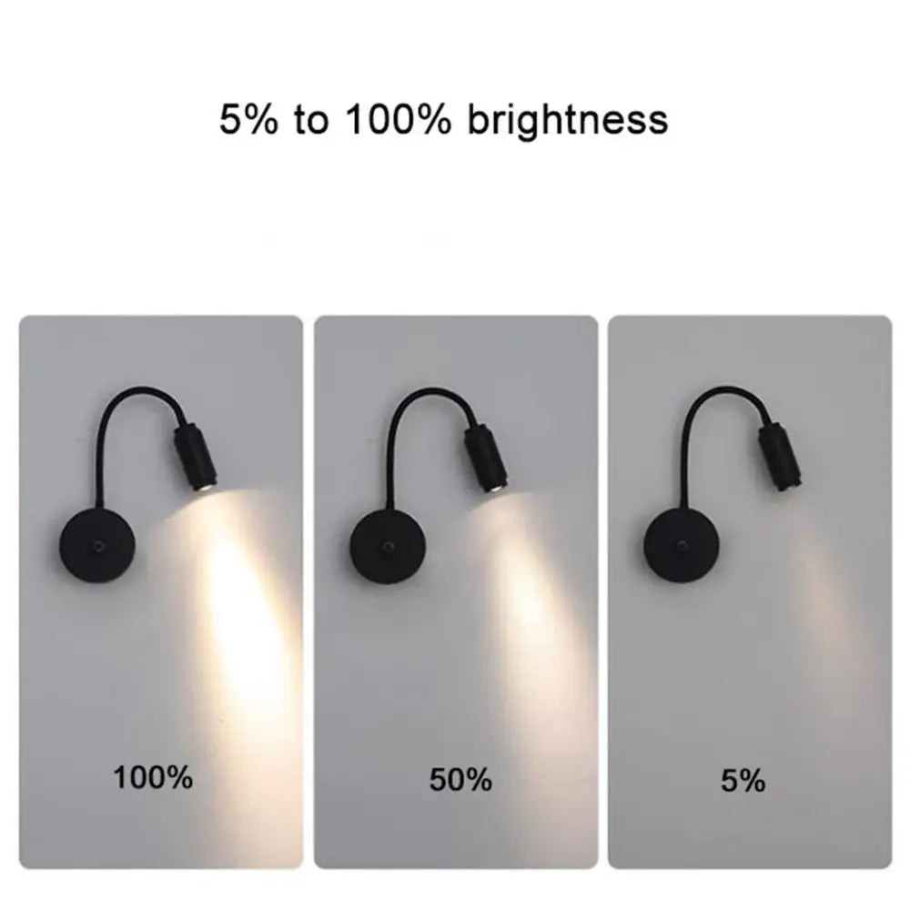 Modern black knob switch led gooseneck reading lamp with adjustable wall mount shown at varying brightness levels