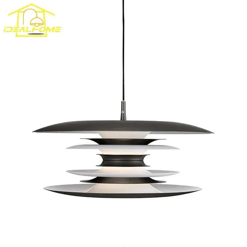 Modern black and white tiered iron art flying pendant light by decorbites ideal for dining room lighting and decor