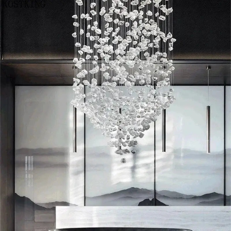 Modern black leaf crystal led chandelier with cascading clear faceted glass pieces by decorbites crystal led for staircase decor