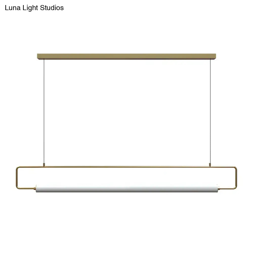 Modern black led ceiling island lighting with sleek brass frame and white cylindrical lamp for dining table use