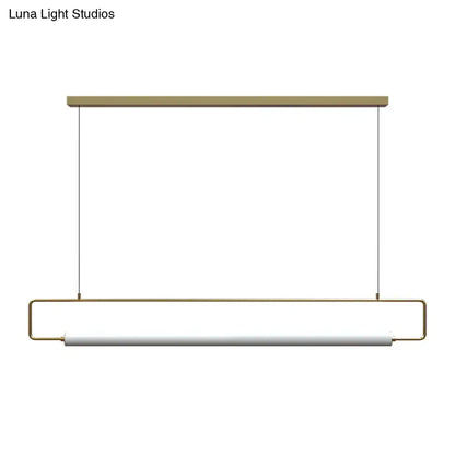 Modern black led ceiling island lighting with sleek brass frame and white cylindrical lamp for dining table use
