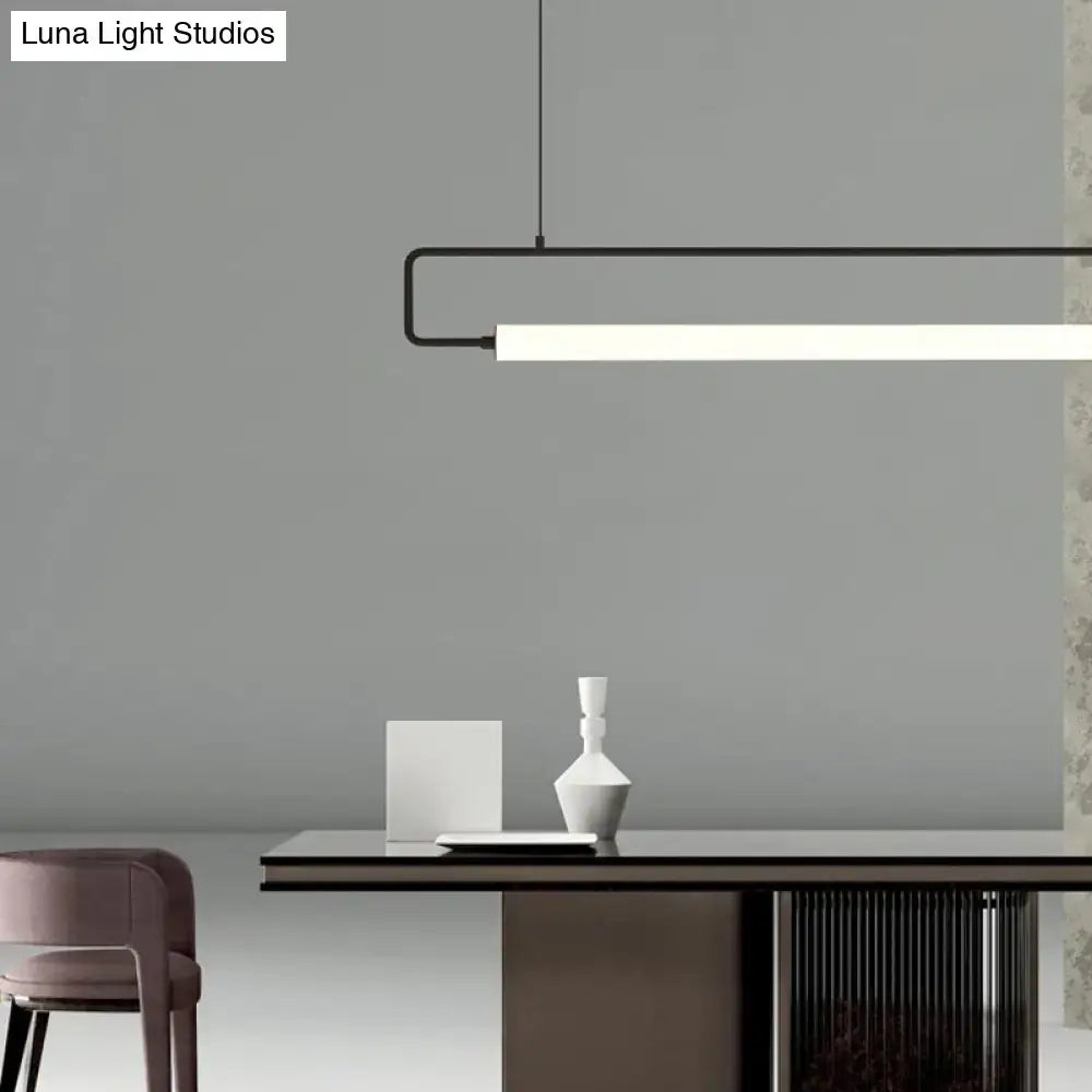 Modern black led ceiling pendant island lighting with a sleek rectangular design and white illuminated strip for dining table
