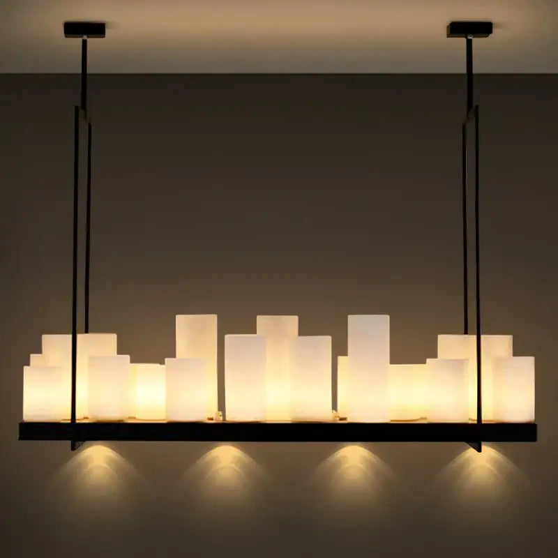 Modern black led chandelier with wine glass rack featuring a glass led design and warm translucent white panels