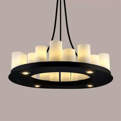Modern black led chandelier with frosted glass led shades and integrated wine glass rack for dining room lighting