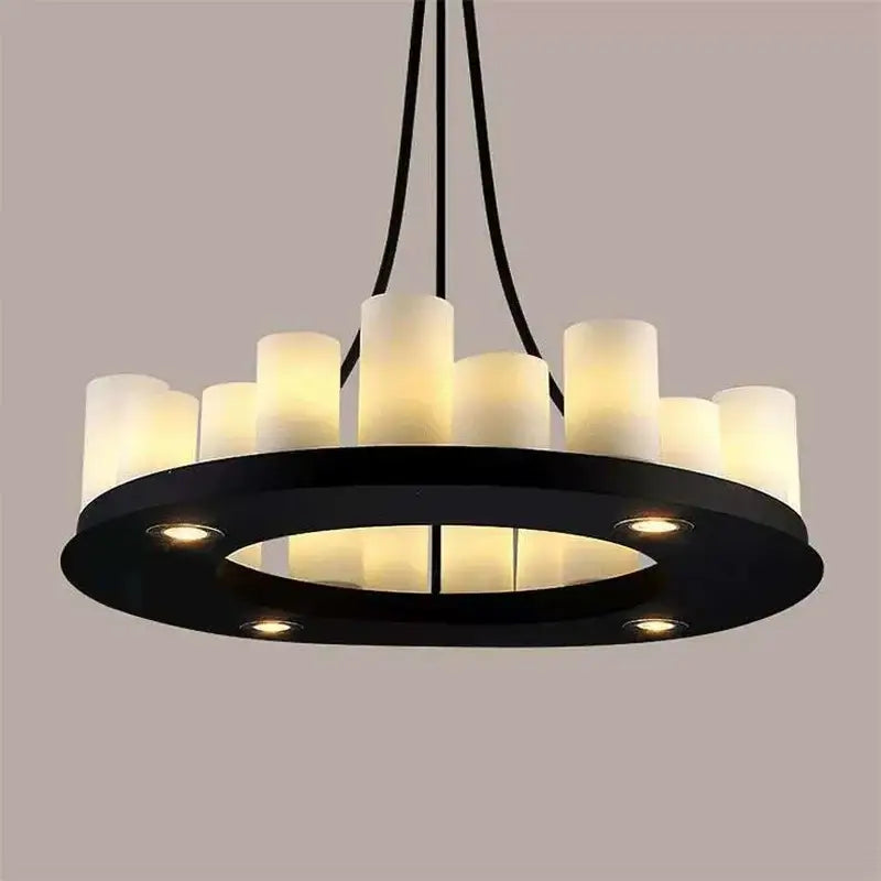 Modern black led chandelier with frosted glass led shades and integrated wine glass rack for dining room lighting