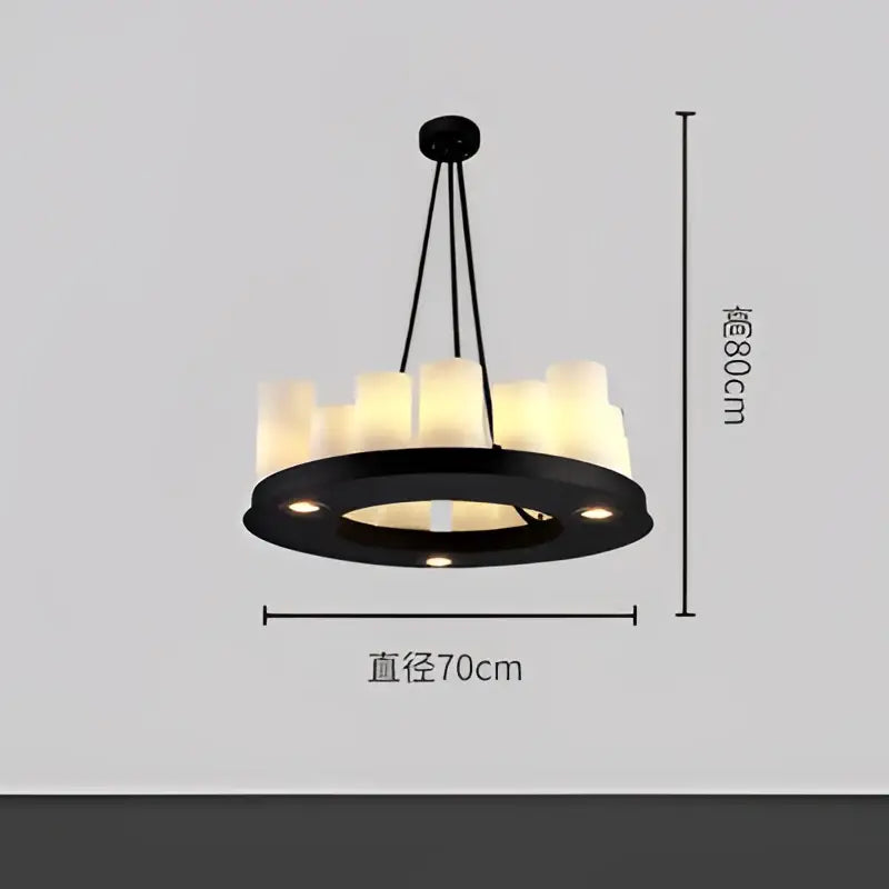 Modern black led chandelier with glass led candle-like lights and a wine glass rack for elegant dining room use