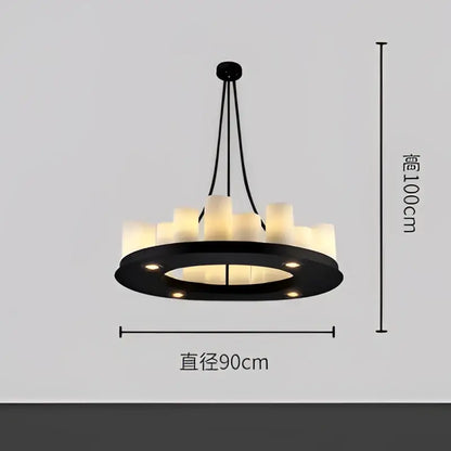 Modern black led chandelier with cream candle-style bulbs and wine glass rack ideal for dining room lighting