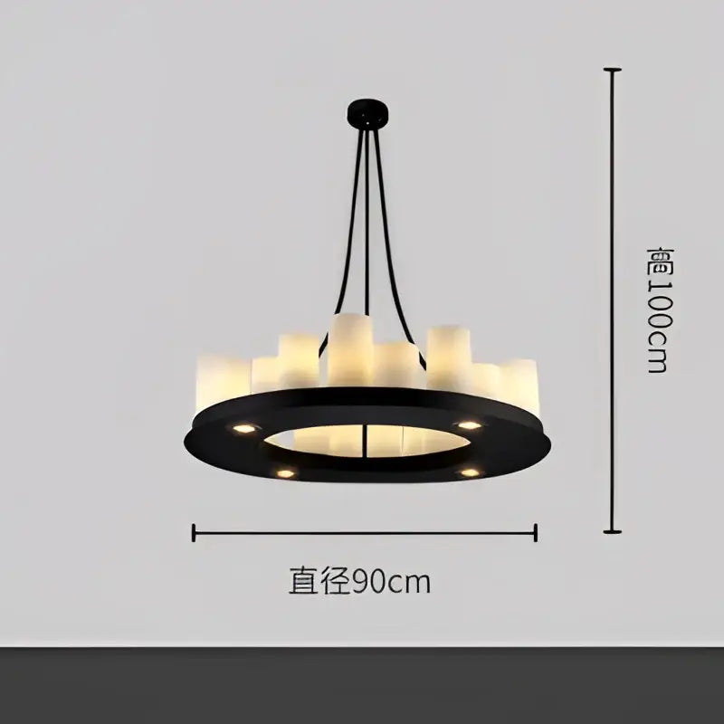 Modern black led chandelier with cream candle-style bulbs and wine glass rack ideal for dining room lighting