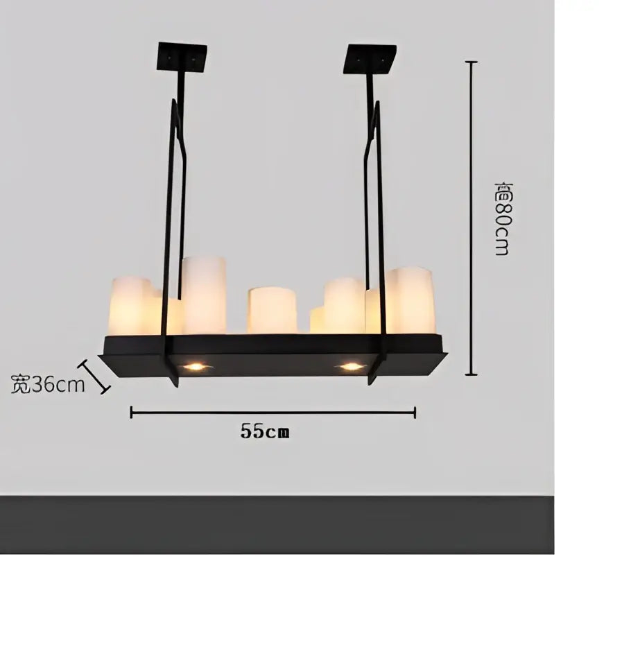 Modern black metal led chandelier with eight glowing white candle-like bulbs and integrated wine glass rack for dining room