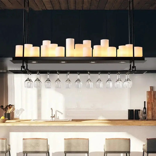 Modern black metal led chandelier with warm candle-like glass led cylinders and integrated wine glass rack for dining room