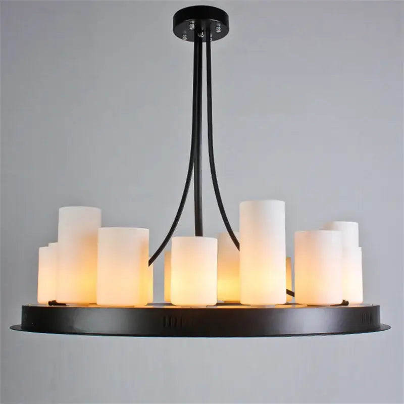Modern black led chandelier with frosted candle-like bulbs and wine glass rack for dining room use featuring glass led design