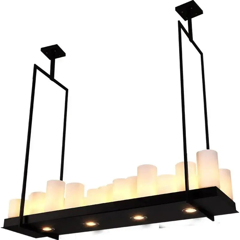 Modern black led chandelier with frosted glass candle-like shades and integrated wine glass rack for dining room use