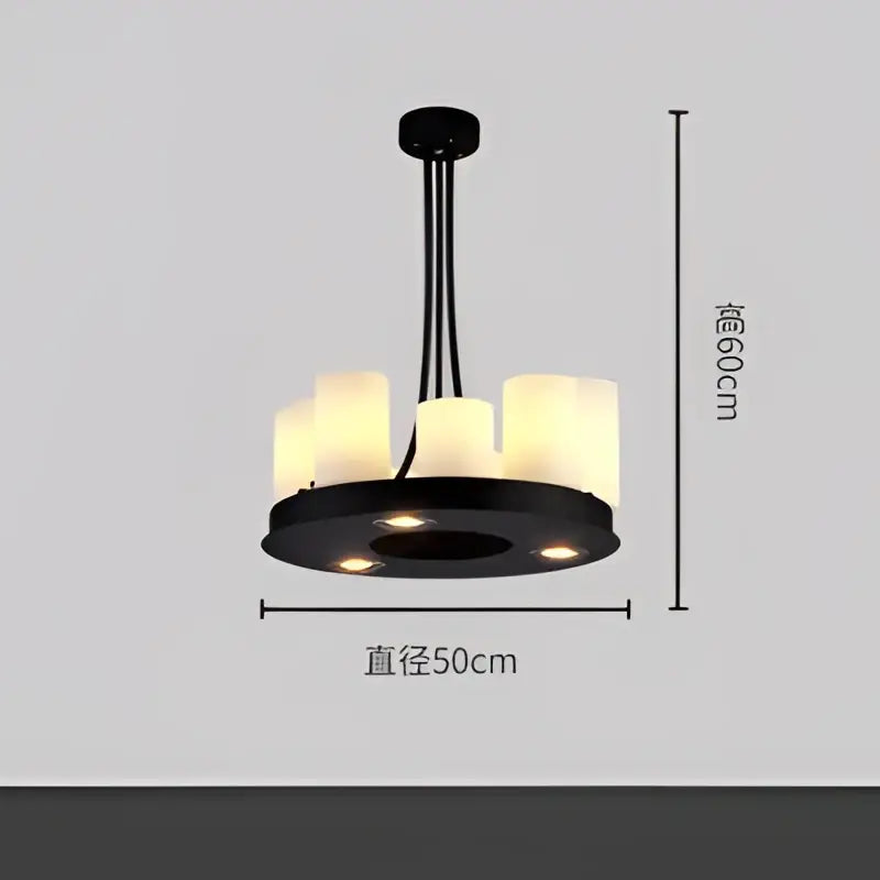 Modern black led chandelier with six frosted glass candle-style shades and wine glass rack for dining room use