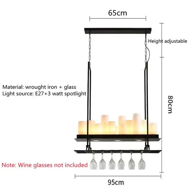 Modern black led chandelier with adjustable height featuring a wrought iron glass led wine glass rack for dining rooms