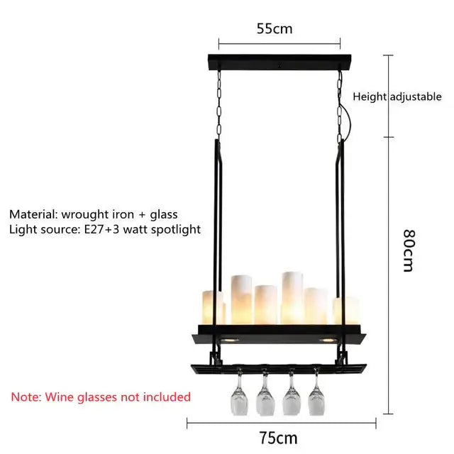 Black wrought iron and glass wine rack with adjustable height in a modern industrial glass led chandelier for dining room