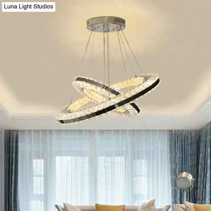 Modern Black LED Double Ring Parlor Hanging Lamp with Clear Crystals - Multi Pendant