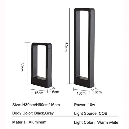 Modern black led garden light with rectangular aluminum frame and warm white cob illumination in 30cm and 60cm heights
