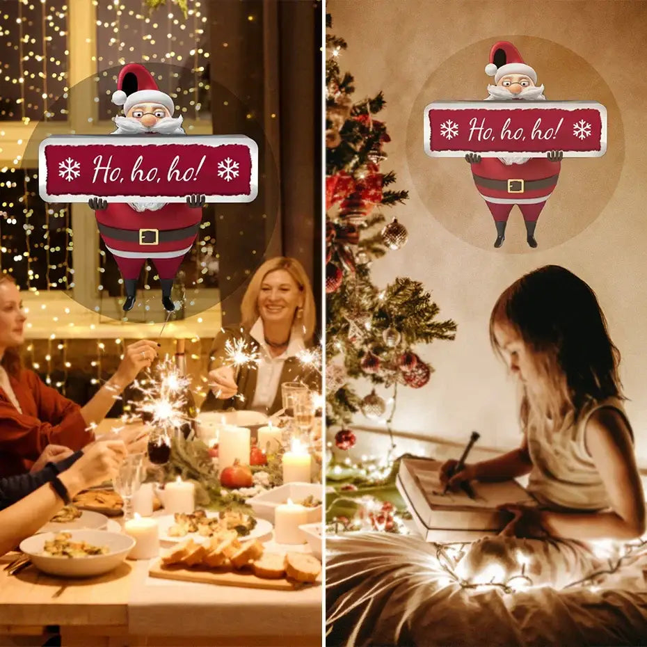Modern black led hologram fan projector displaying a red and white santa claus digital sticker with ho ho ho text decorbites t40