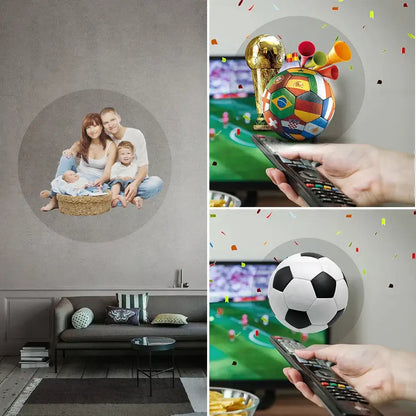 Modern black led hologram fan projector displaying a gold world cup trophy with soccer ball base, colorful decor using decorbites t40 hologram fan