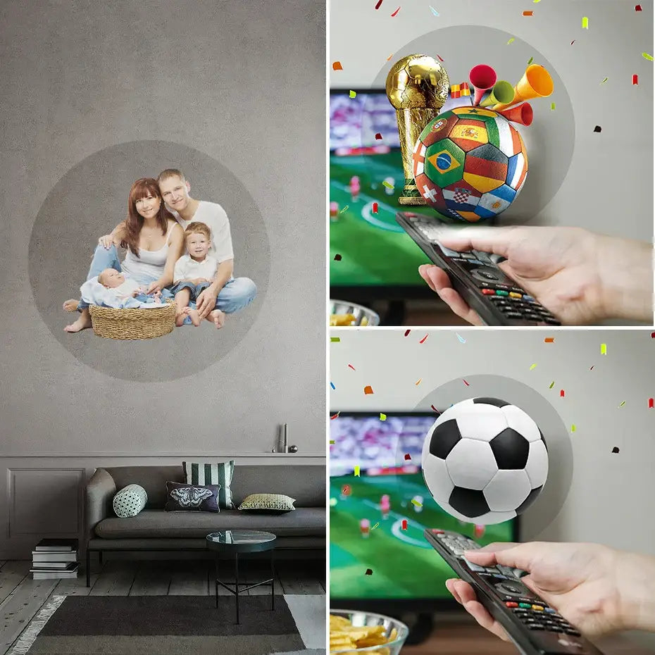 Modern black led hologram fan projector displaying a gold world cup trophy with soccer ball base, colorful decor using decorbites t40 hologram fan