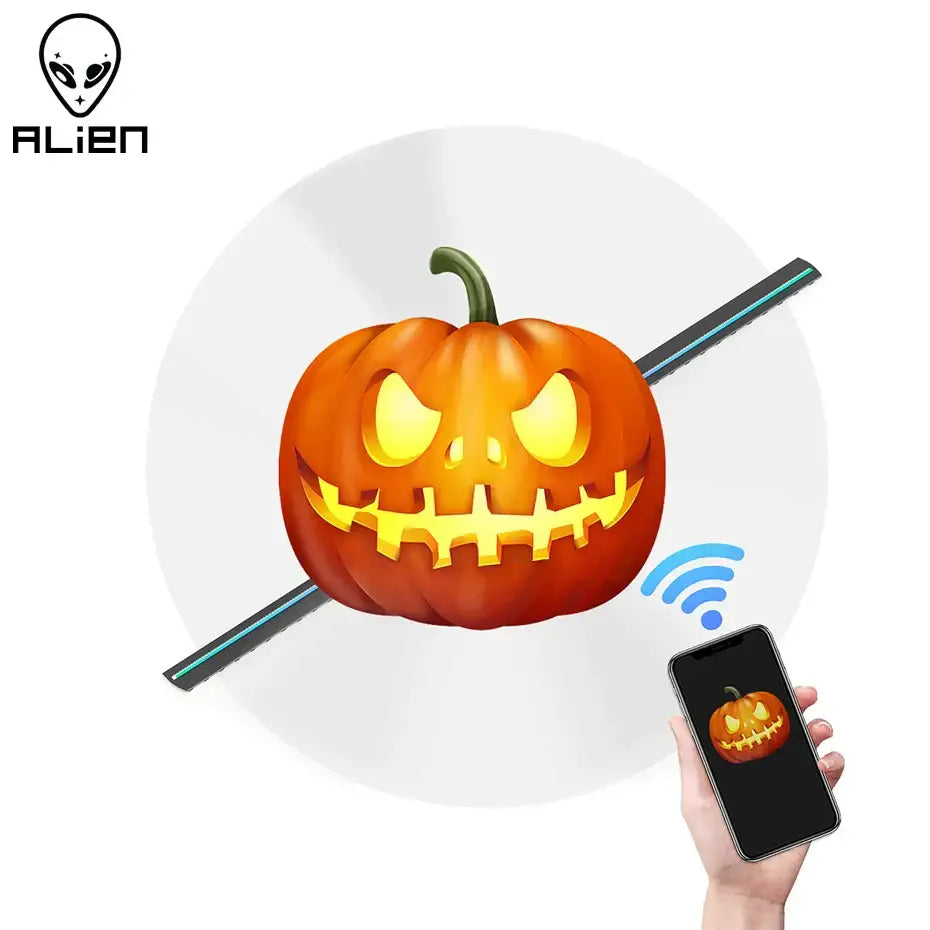 Modern black led hologram fan projector retail display showing orange carved halloween pumpkin on wireless charging pad decorbites t40