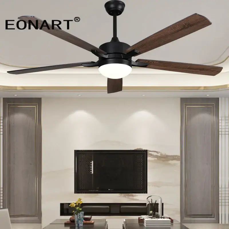 Modern black led modern indoor ceiling fan with dark wood blades and integrated light for bedroom use