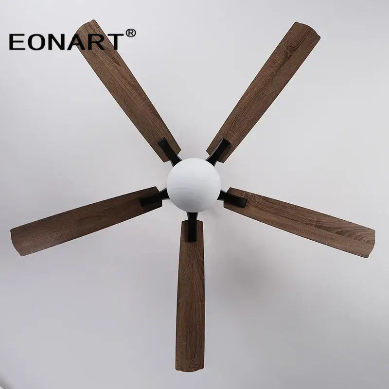 Eonart modern indoor ceiling fan with five dark wood blades and white spherical led light fixture for bedroom use