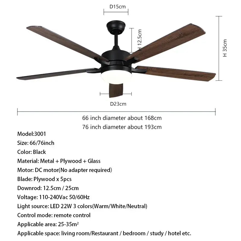 Modern black ceiling fan with five dark wood blades and central led light for led modern indoor bedroom use