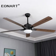 Black metal ceiling fan with five wooden blades and frosted glass light fixture for modern indoor ceiling use