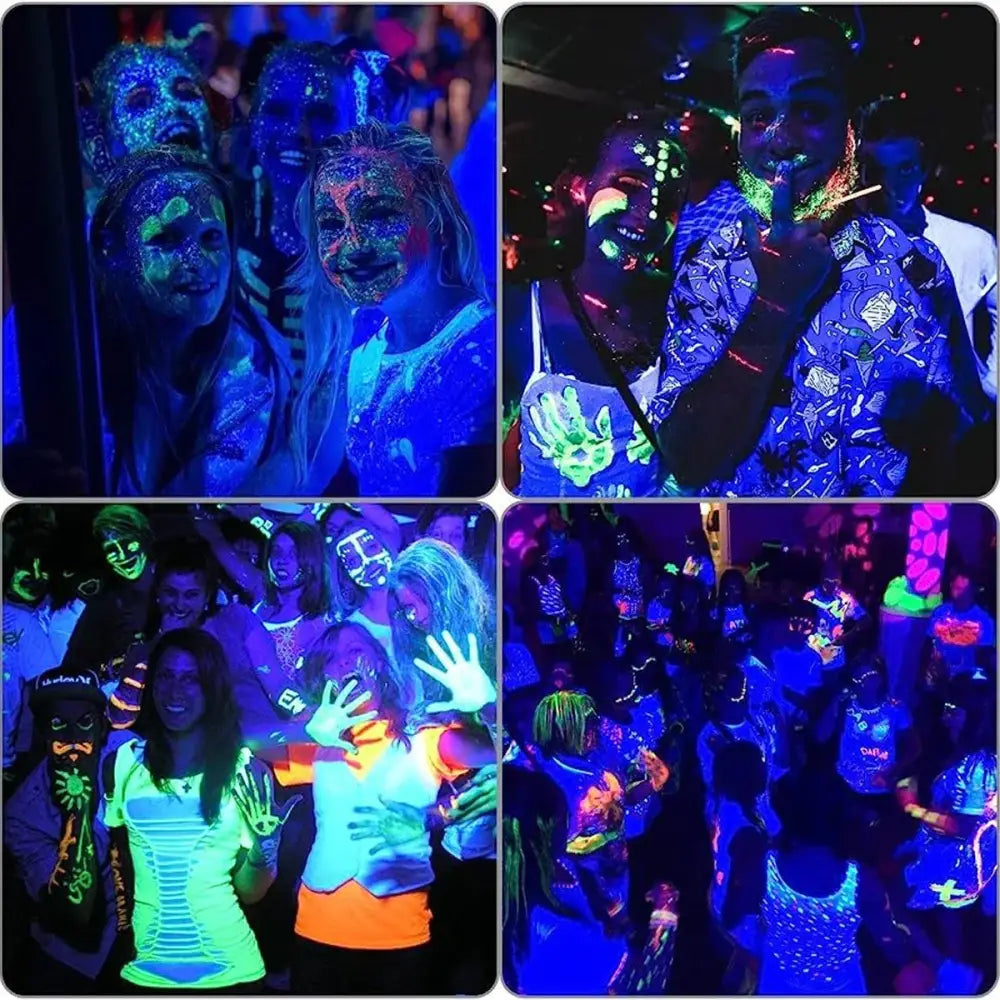 People wearing glowing neon outfits and face paint under led black light bar for halloween party decor