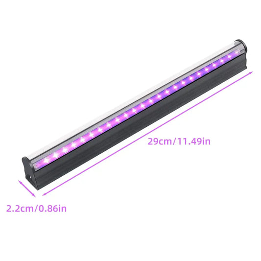A sleek black led black light bar with glowing purple leds designed for modern halloween party decor