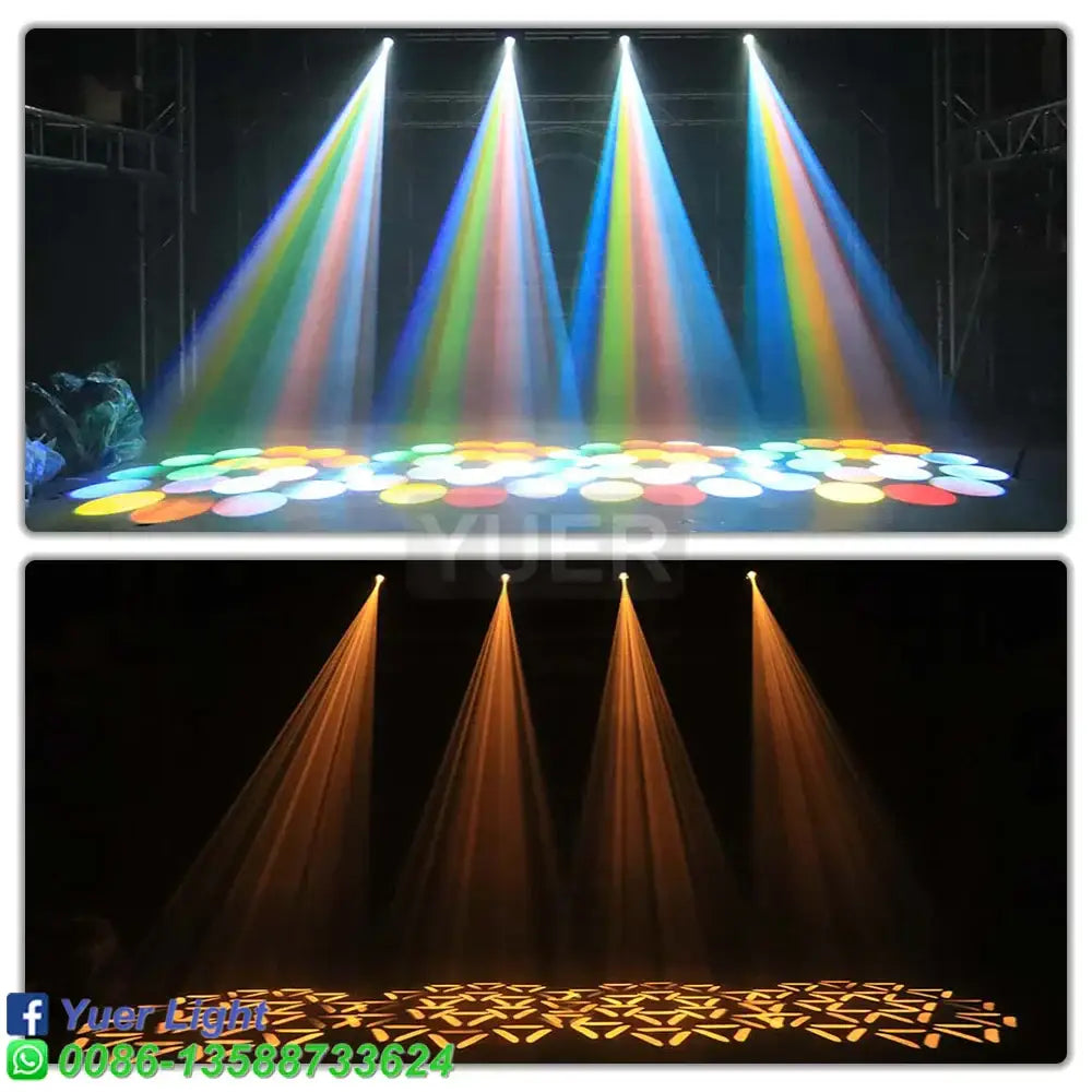 Modern black led moving head light projecting colorful rainbow mini beam rgbw patterns across dark stage floor