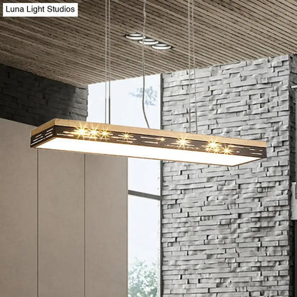 Modern rectangular pendant light by decorbites with warm glow, wooden frame, black metal accents, compatible with 110v-120v bulb base