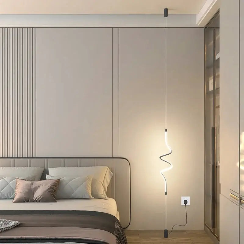 A sleek black modern led pendant light with minimalist rods and sinuous white light strip for dining room decorbites