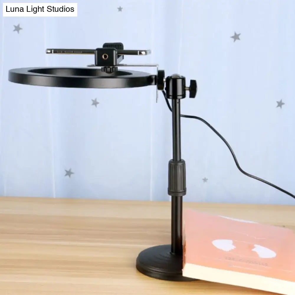 DecorBites™ Lámpara de tocador moderna con soporte para teléfono y pantalla metálica redonda LED negra