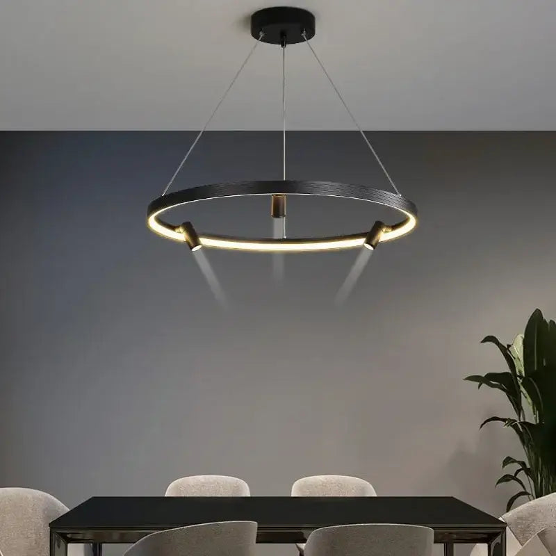 Modern black led ring chandelier pendant light with sleek minimalist design and warm led lighting for kitchen use