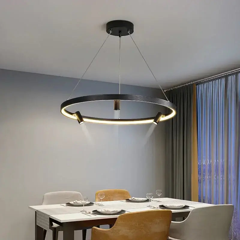 Modern black led ring chandelier pendant light with integrated led lighting and adjustable spotlights for kitchen use