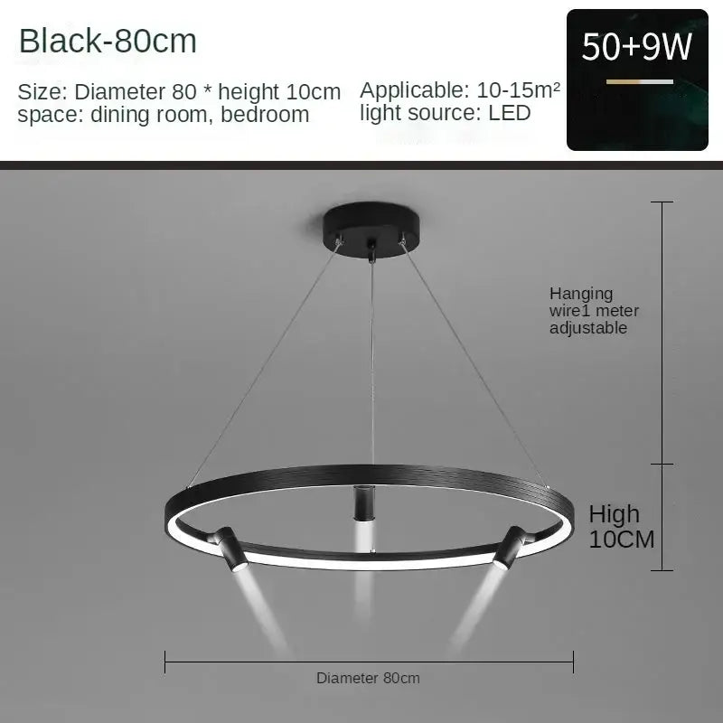 Modern black led ring chandelier pendant light with sleek circular design and adjustable hanging wire for kitchen use