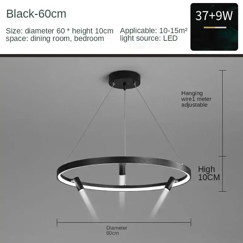 Modern black led ring chandelier pendant light with sleek circular design and adjustable hanging wire for kitchen use